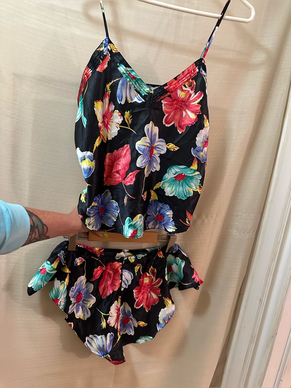Victoria's Secret Black Floral Satin Camisole & Shorts Set